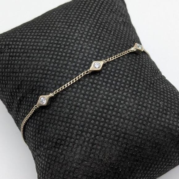 Sterling Silver 925 Thin Minimalist Geometric Chain Crystal Bracelet 1.3g 6.75in - Picture 2 of 6